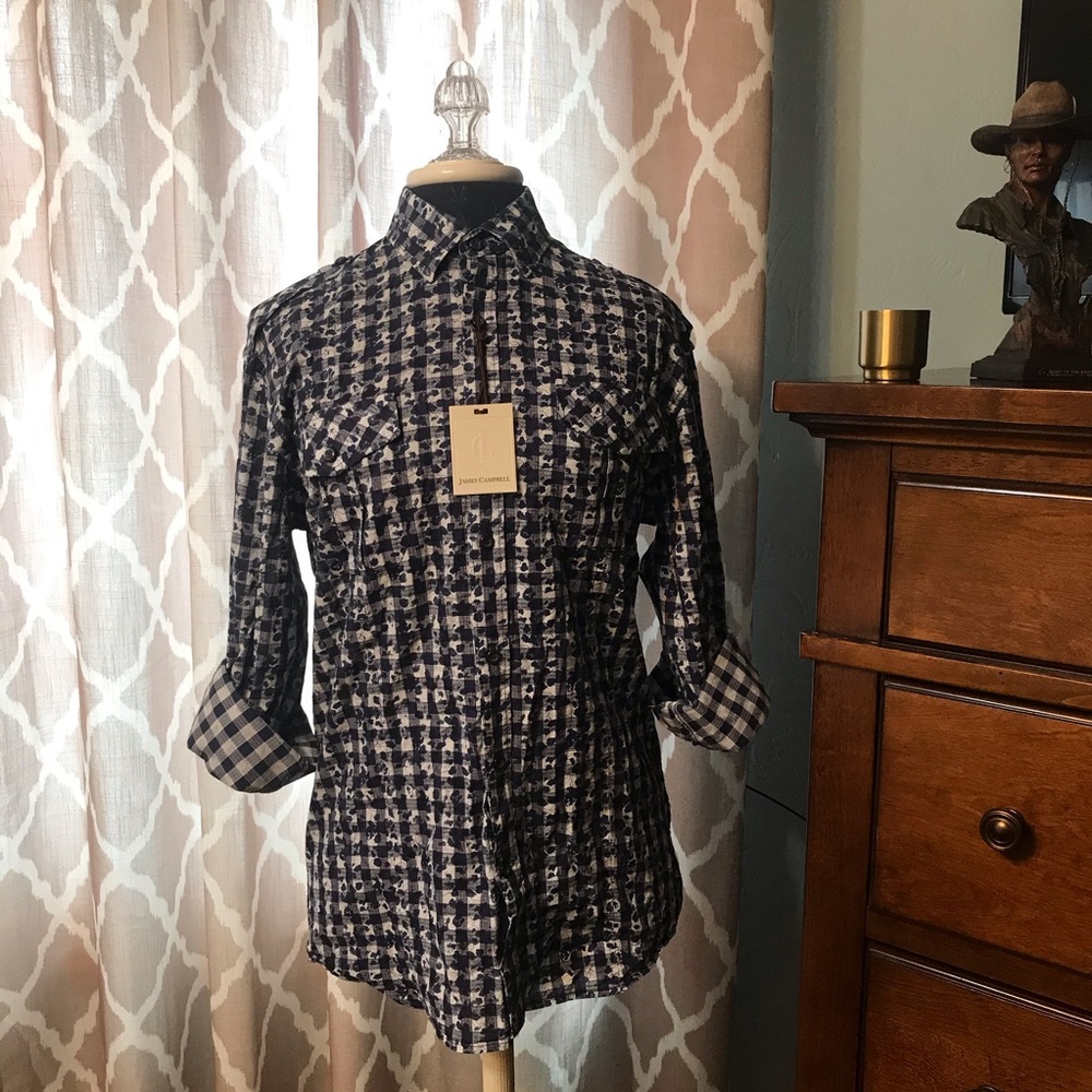 NWT James Campbell ⚜️ Navy Plaid Design Shirt - Picture 4 of 8